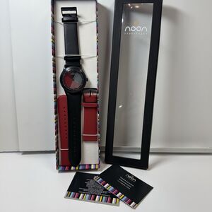 noon copenhagen Black Leather Red Watch W/Extra Strap Unisex New W/Working Batt